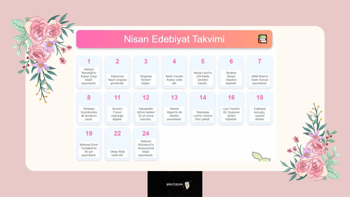 Şeb-i Yelda’da, Nisan ayının getirdiği edebî hatıraları selamlıyoruz.
Bu ay doğan ve aramızdan ayrılan şairleri, yazarları anıyor; edebiyatın zaman tanımaz izinde yürüyoruz.
Yeni paylaşımlarda buluşmak dileğiyle…

#ŞebiYelda #NisanTakvimi #Edebiyat