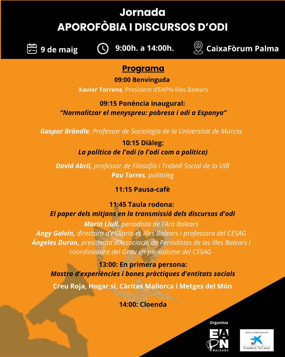 Dia 9 de maig us esperam a totes i tots a la Jornada sobre Aporofòbia i Discursos d’Odi al #CaixaForumPalma 
Inscripcions 👉 forms.office.com/e/QMkrJH61af