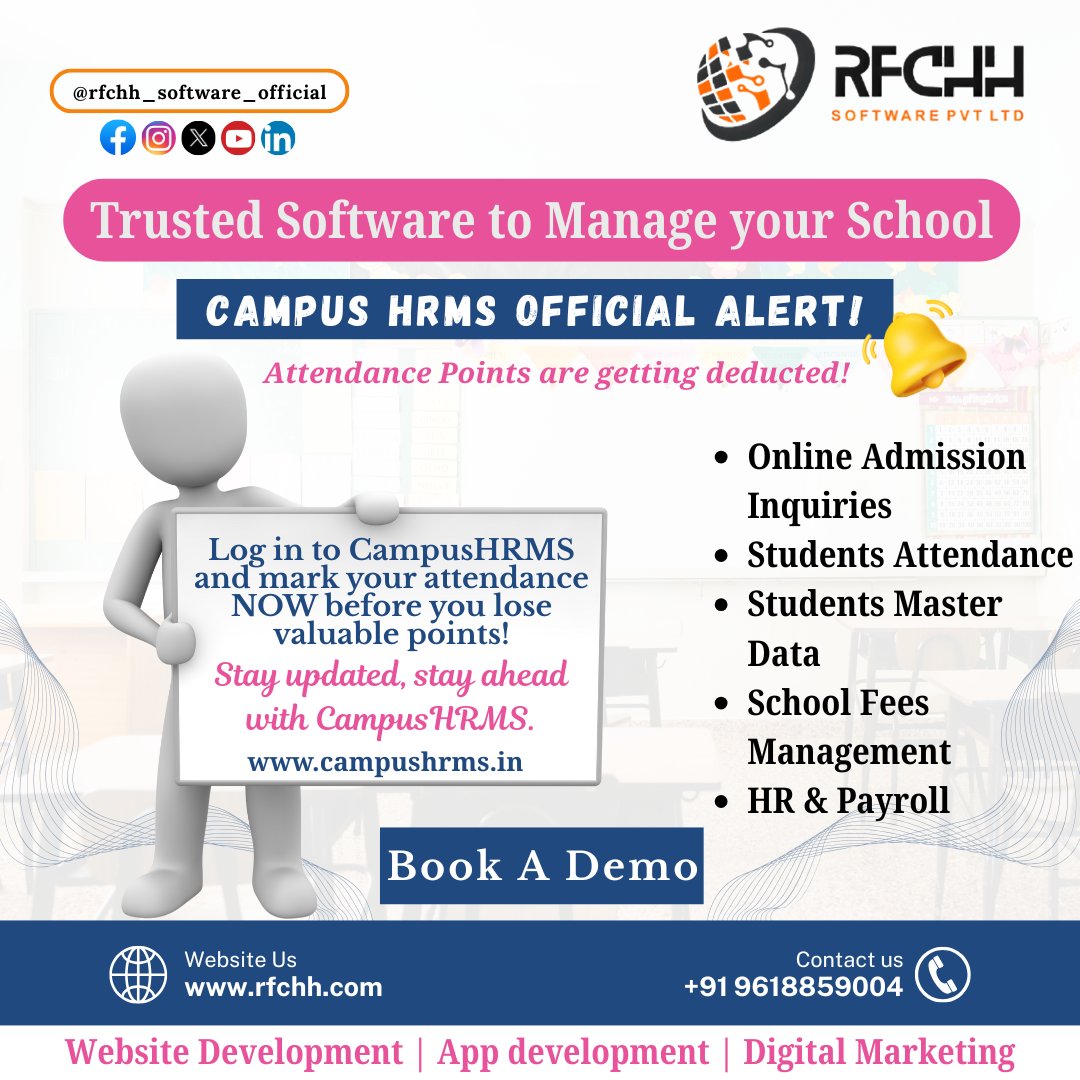 rfchhsoftware's tweet image. 🎓 Trusted Software to Manage Your School!
🚨 CampusHRMS Official Alert! 🚨
Attendance points are getting deducted!
🌐 campushrms.in | rfchh.com | +91 9618859004

#RFCHHSOFTWARE #RFCHHCampusHRMS #CampusHRMS #SchoolManagementSoftware #StudentManagement
