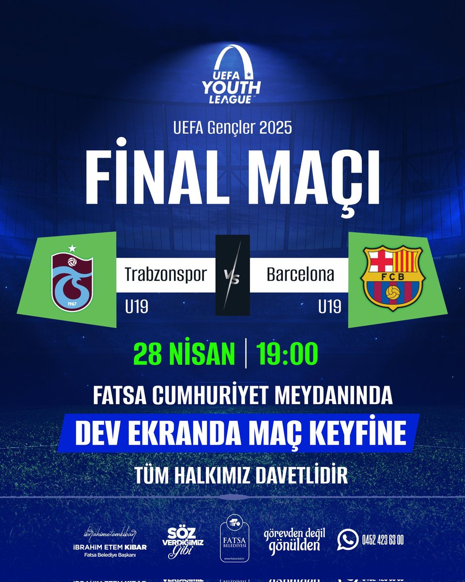 UEFA Gençlik Ligi Final Heyecanını Cumhuriyet Meydanı'nda hep birlikte yaşıyoruz. 😎

Haydi Fatsa, hep birlikte bu büyük coşkuya ortak olalım. ⚽

Trabzonspor U19 - Barcelona  U19 karşılaşmasını bu akşam saat 19.00’da  Fatsa Cumhuriyet Meydanında dev ekranda hep birlikte