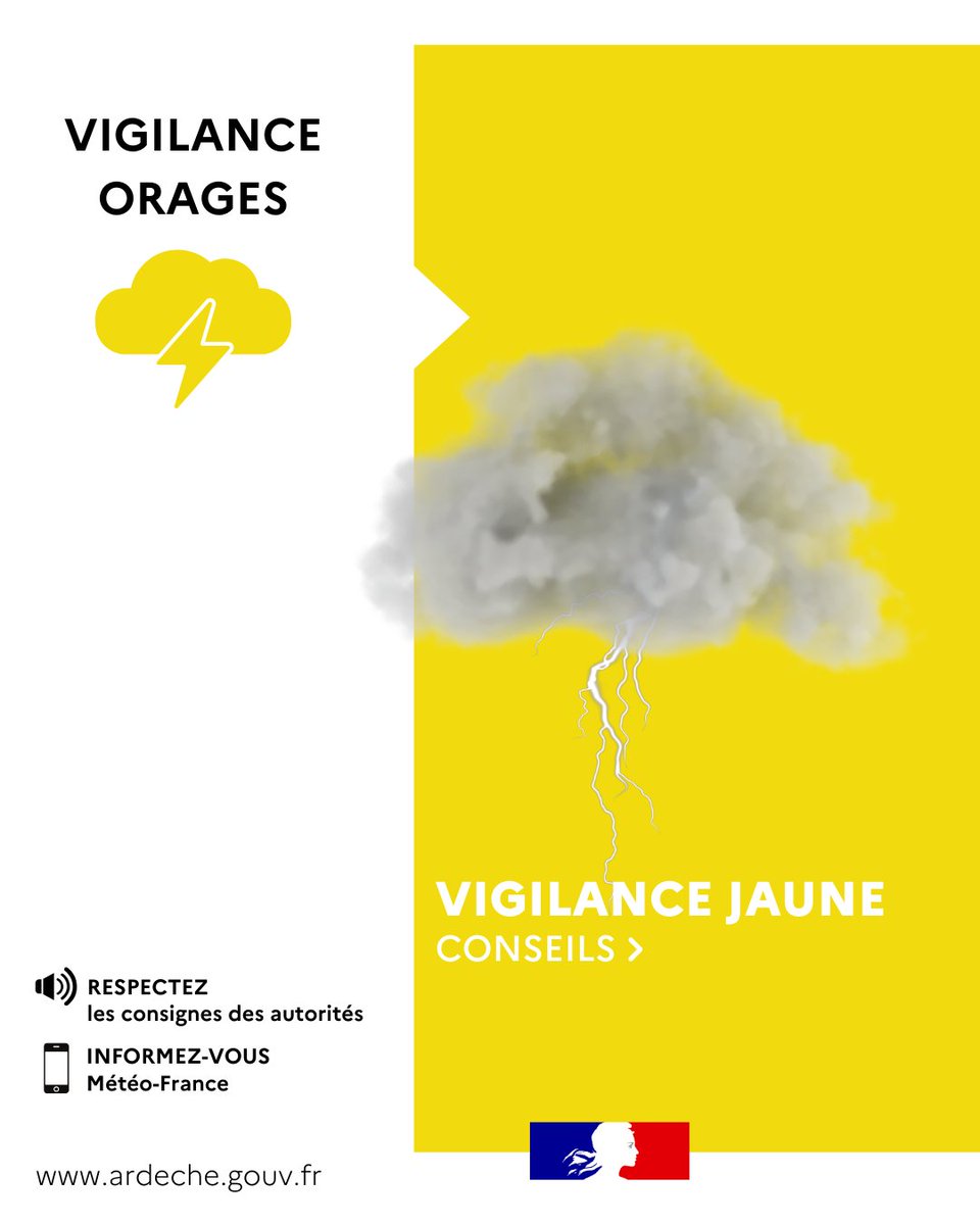 Préfète de l'Ardèche (@prefet07) on Twitter photo #VIGILANCE | <a href="/meteofrance/">Météo-France</a> place le département de l’Ardèche en vigilance :
🟡⚡ Jaune - Orages, à partir du lundi 28 avril de 14h00 à 20h00.
⚠️ Cette situation appelle à la prudence, notamment dans vos déplacements, et si vous pratiquez des activités sensibles au risque #VIGILANCE | <a href="/meteofrance/">Météo-France</a> place le département de l’Ardèche en vigilance :
🟡⚡ Jaune - Orages, à partir du lundi 28 avril de 14h00 à 20h00.
⚠️ Cette situation appelle à la prudence, notamment dans vos déplacements, et si vous pratiquez des activités sensibles au risque