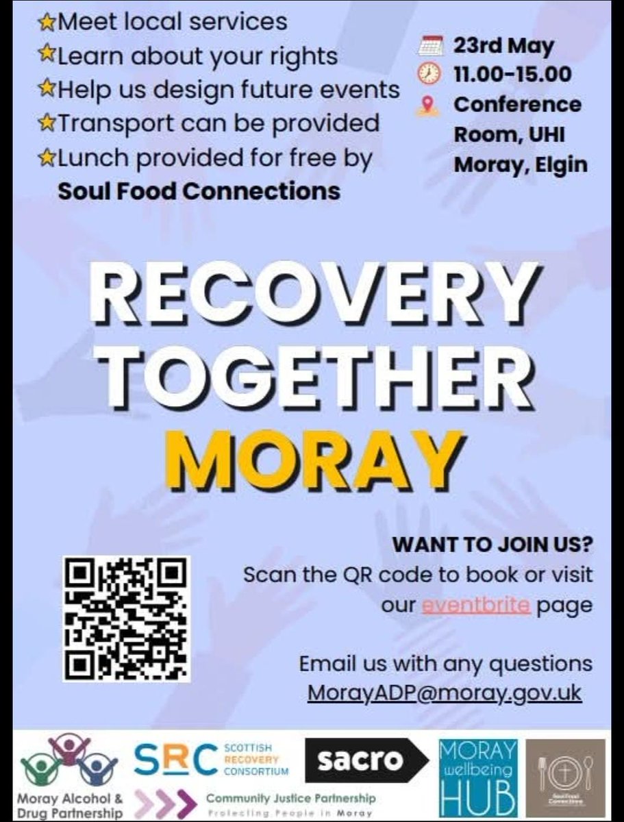 Scottish Recovery Consortium (@srconsortium) on Twitter photo โจYouโre invited to Recovery Together Moray!
๐ 23rd May | 11amโ3pm
๐ Conference Room, UHI Moray, Elgin
Scan the QR code to sign up or find us on Eventbriteโฌ๏ธ
eventbrite.co.uk/e/recovery-togโฆ
Questions?
MorayADP@moray.gov.uk โจYouโre invited to Recovery Together Moray!
๐ 23rd May | 11amโ3pm
๐ Conference Room, UHI Moray, Elgin
Scan the QR code to sign up or find us on Eventbriteโฌ๏ธ
eventbrite.co.uk/e/recovery-togโฆ
Questions?
MorayADP@moray.gov.uk