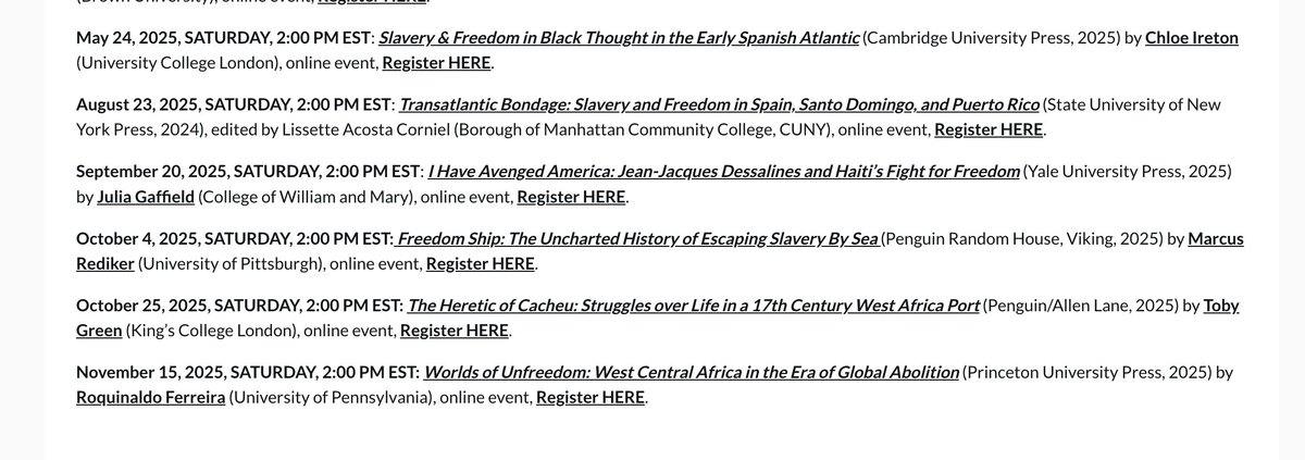 Check the next sessions of the #Slaveryarchive Book Club featuring books by Chloe Ireton, Lissette Acosta Corniel, Julia Gaffield, Marcus Rediker, Toby Green and Roquinaldo Ferreira. Register now via the link below slaveryarchive.com/book-club/2024…