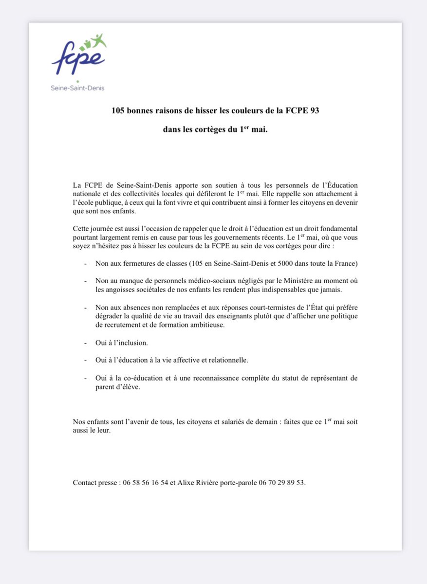 105 bonnes raisons de hisser les couleurs de la FCPE 93 dans les cortèges du 1er mai. #seinesaintdenis #ecolespubliques #fcpe #parentsdeleves #fermeturesdeclasses #afairepalirdenvie