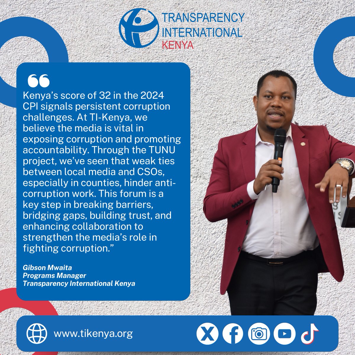 “Kenya’s score of 32 in the 2024 Corruption Perceptions Index, below both the global and sub-Saharan averages, reflects the stubborn persistence of public sector corruption in our country. At TI-Kenya, we recognize that the media plays a critical role in breaking the chains of