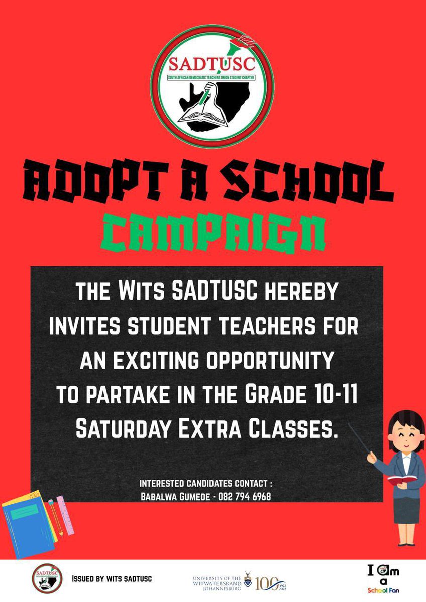 gpsadtusc's tweet image. The Wits SADTUSC calls upon all pre-service teachers!!

Join us in providing extra classes for Grade 10 &amp;amp; 11 learners your guidance can shape their future!