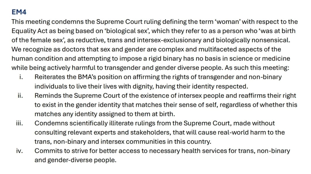 thomasdolphin's tweet image. This motion defending the rights of trans and intersex people and condemning the Supreme Court&apos;s ruling on the definition of a woman was passed at Saturday&apos;s @BMAResidents Conference - thank you to these residents. The EHRC guidance arising from this ruling is deeply problematic.