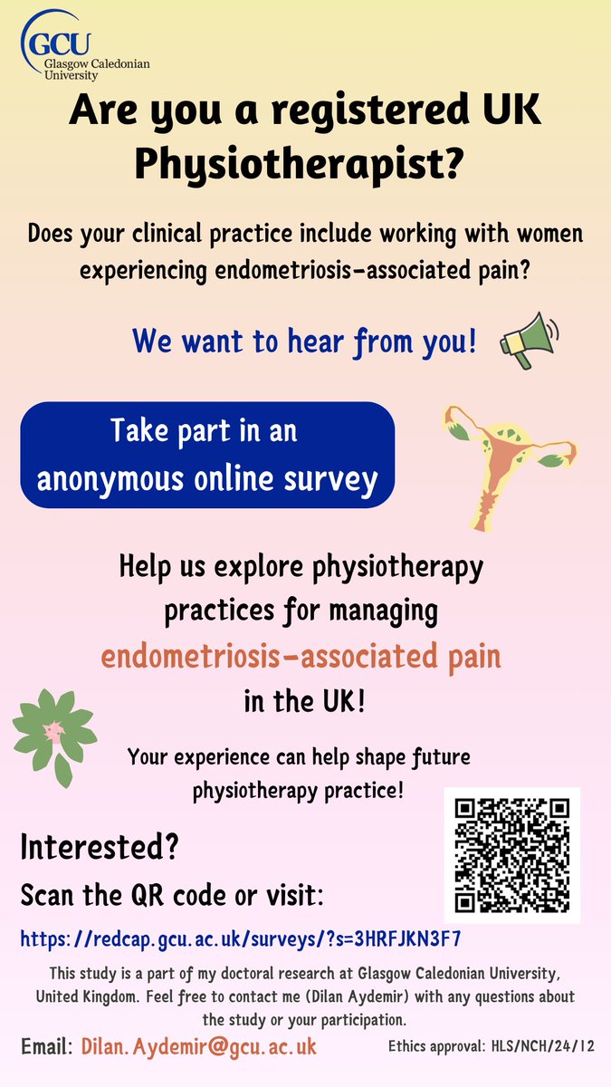 POGP (@thepogp) on Twitter photo 📢 Calling all UK Physios
Could you help shape the future of physiotherapy practice for managing endometriosis-associated pain?
GCU is inviting you to take part in an anonymous online survey.
Visit: ow.ly/7gzJ50VHEM5
For more info, contact Dilan.Aydemir@gcu.ac.uk 📢 Calling all UK Physios
Could you help shape the future of physiotherapy practice for managing endometriosis-associated pain?
GCU is inviting you to take part in an anonymous online survey.
Visit: ow.ly/7gzJ50VHEM5
For more info, contact Dilan.Aydemir@gcu.ac.uk