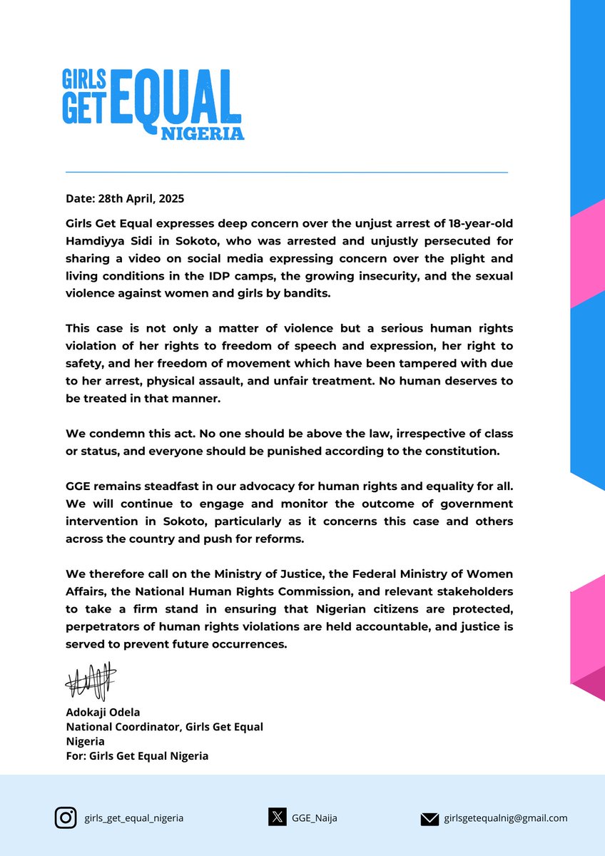 Girls Get Equal Nigeria strongly condemn the unjust arrest and persecution of 18-year-old Hamdiyya Sidi for speaking up about the harsh realities in IDP camps, insecurity, and sexual violence.  
  
Freedom of expression is a right — not a crime.