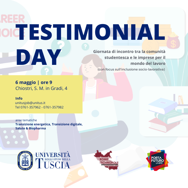 𝗨𝗡𝗜𝗧𝗨𝗦 𝗧𝗘𝗦𝗧𝗜𝗠𝗢𝗡𝗜𝗔𝗟 𝗗𝗔𝗬

Martedì 𝟲 𝗺𝗮𝗴𝗴𝗶𝗼 dalle ore 𝟵 si terrà il Testimonial Day, evento dedicato all’incontro tra studentesse/studenti, laureate/i e laureande/i e il mondo del lavoro. 💼
📌 Scopri qui il programma:
bit.ly/42mWbvr

#WeUnitus