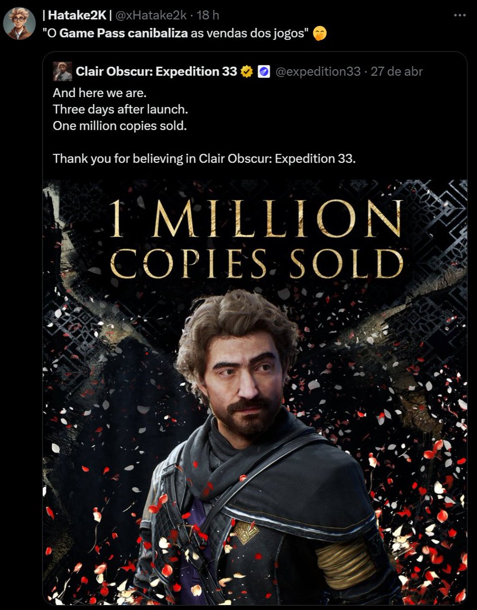 Entendam algo simples:

O Xbox não decidiu engolir a vergonha de colocar jogos no PlayStation por bondade. A canibalização de vendas do Game Pass foi uma das causas e fazer postagem como essa só reforça o óbvio:

Desse 1 milhão, a maior parte certamente veio do PS5, não do Xbox.