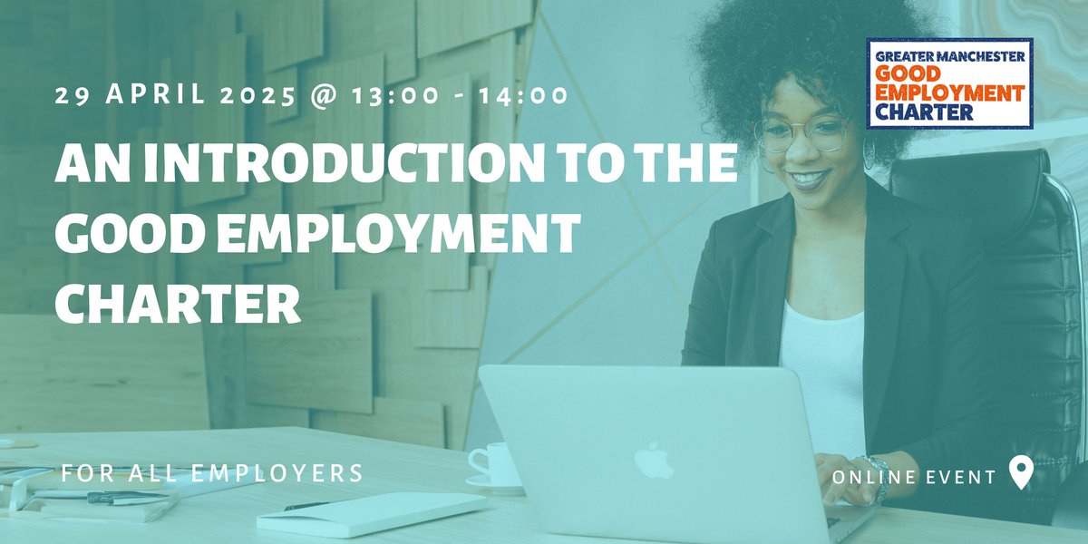 👥 Thinking about joining the Greater Manchester Good Employment Charter?

Join our free webinar tomorrow!

🔹 Why the Charter exists
🔹 7 characteristics of good employment
🔹 How to get involved

📅 29 April, 1–2pm, online

Sign up: ow.ly/YFU250VIKT1 #GoodEmployment