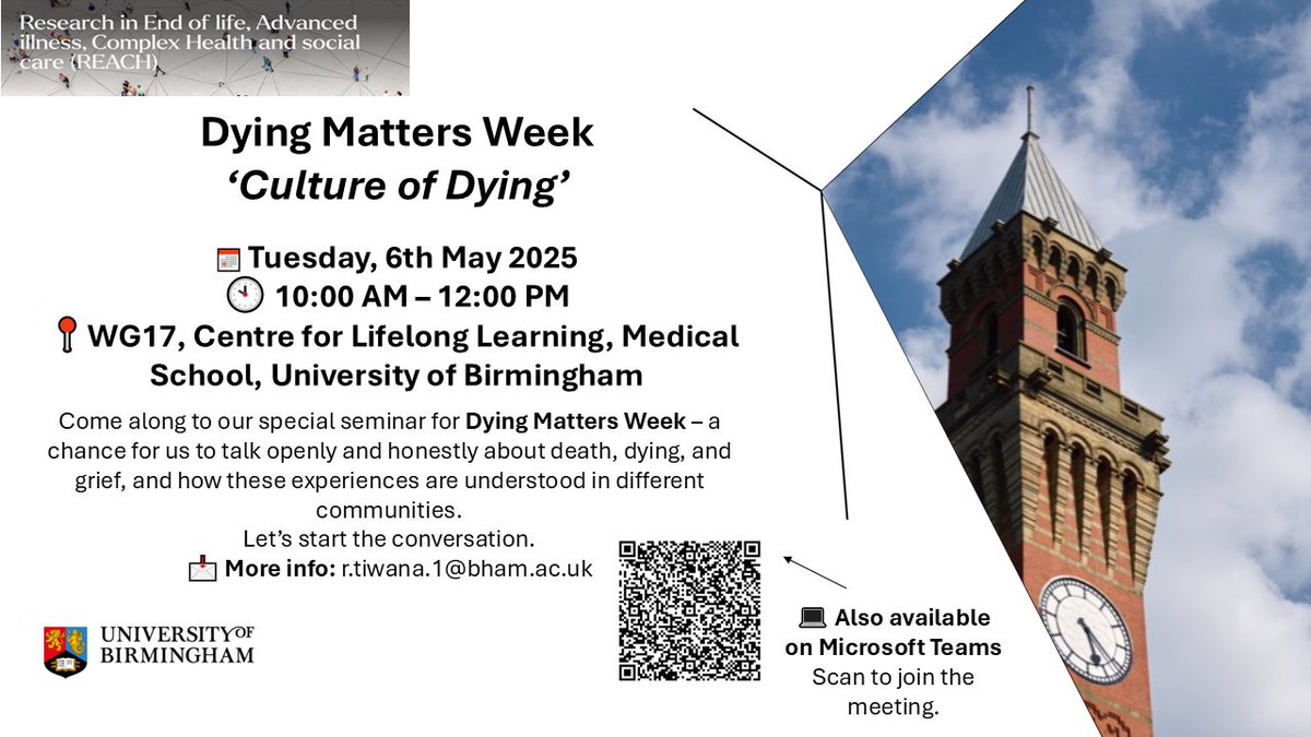 REACH Research UoB (@uob_reach) on Twitter photo Join us for a special seminar in awareness of #DyingMatters Week on Tuesday 6th May 2025 <a href="/unibirmingham/">Uni of Birmingham</a> <a href="/unibirm_CMH/">College of Medicine and Health (UoB)</a> #REACH #DyingMatters Join us for a special seminar in awareness of #DyingMatters Week on Tuesday 6th May 2025 <a href="/unibirmingham/">Uni of Birmingham</a> <a href="/unibirm_CMH/">College of Medicine and Health (UoB)</a> #REACH #DyingMatters