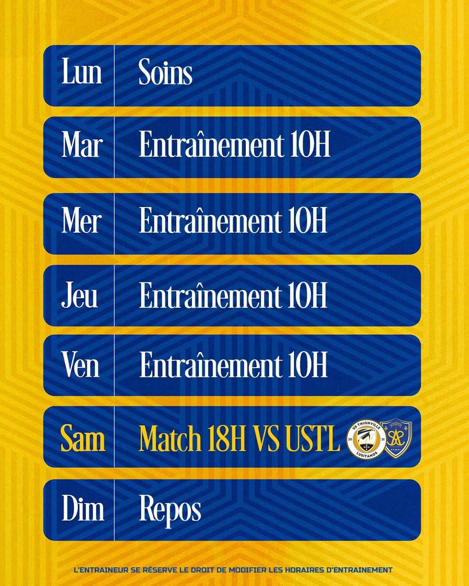 🗓 𝙋𝙍𝙊𝙂𝙍𝘼𝙈𝙈𝙀 𝘿𝙀 𝙇𝘼 𝙎𝙀𝙈𝘼𝙄𝙉𝙀 

🔜 Nouvelle semaine, nouvel objectif pour nos Spinaliens !

📍Direction Thionville pour y défier l’𝐔𝐒𝐓𝐋 𝐚𝐮 𝐬𝐭𝐚𝐝𝐞 𝐝𝐞 𝐆𝐮𝐞𝐧𝐭𝐫𝐚𝐧𝐠𝐞!

Tous ensemble derrière le SAS ! 💛💙