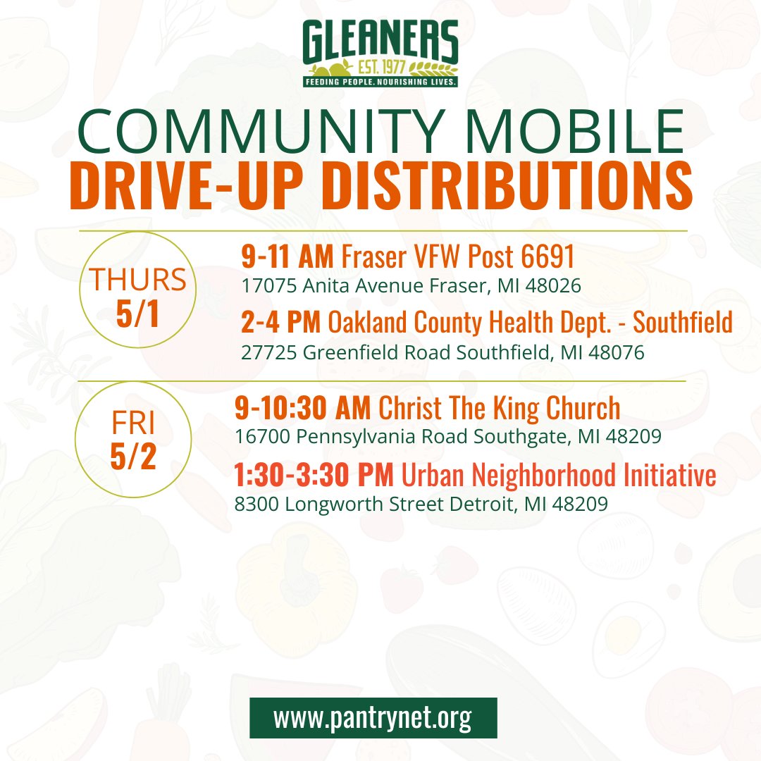 Gleaners is hosting several drive-up food distributions this week, which are free and open to the public.
🍏
View the full schedule here: bit.ly/3SSkyfK
⛈️ 
Gleaners monitors the weather for safe operating conditions. Please check PantryNet or Facebook for updates.
