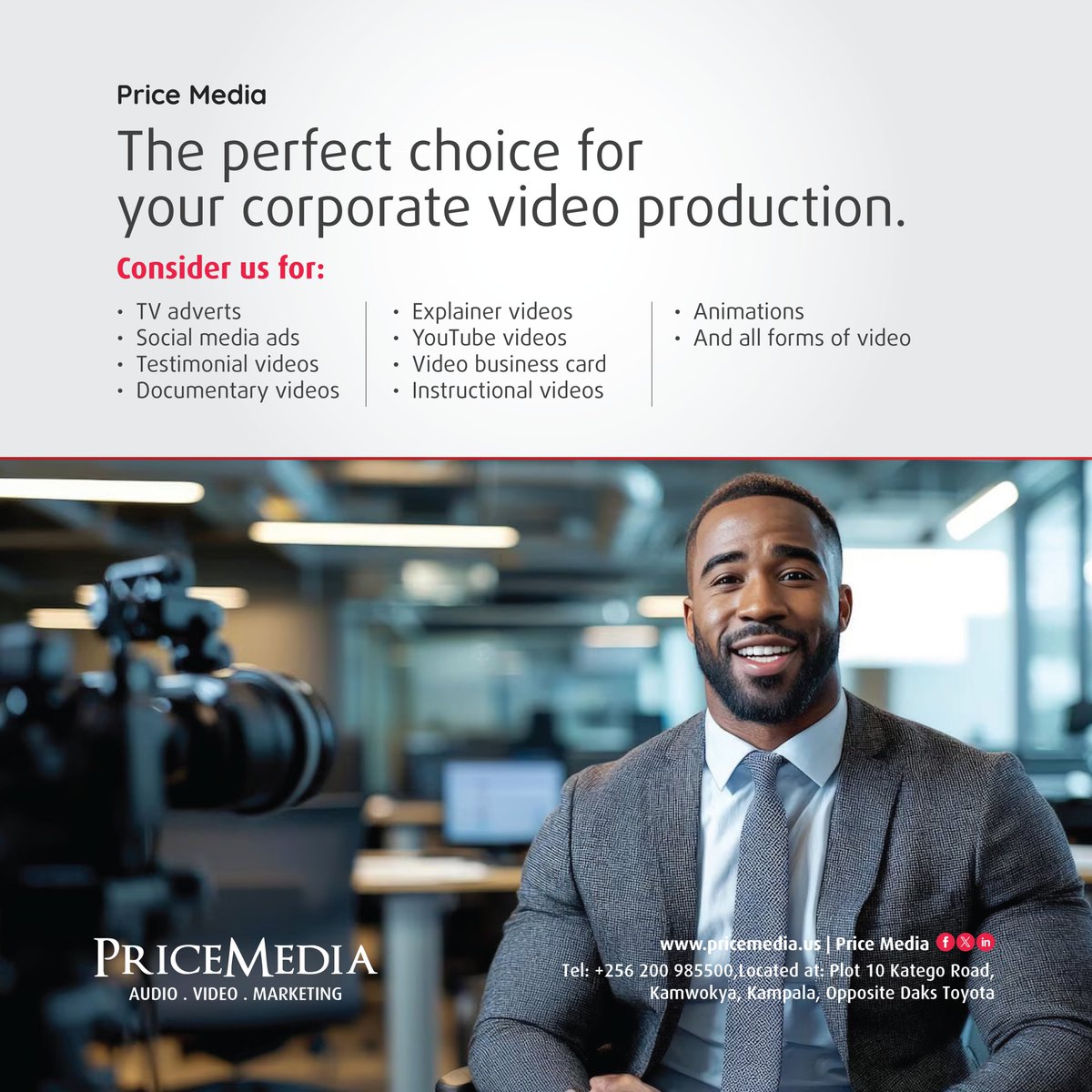 We are the perfect choice for your corporate video production needs. Consider us for;

- TV adverts, social media ads, testimonial videos,                                  documentary videos, explainer videos, and more

#PriceMediaStudios #Studio4rent.