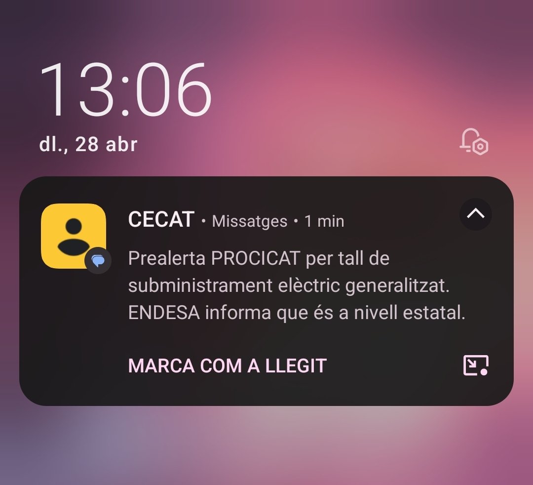 Prealerta PROCICAT per tall de subministrament elèctric generalitzat. ENDESA informa que és a nivell estatal.