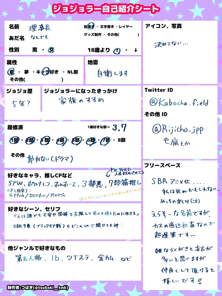 Kabocha_field's tweet image. ❤️又は♻️で気になった方無言フォロー失礼します、
気軽に声をかけてもらえると嬉しいです😂
よろしくお願いします!!
#ジョジョラーさんと繋がりたい
#ジョジョ好きさんと繋がりたい
#ジョジョラー自己紹介シート