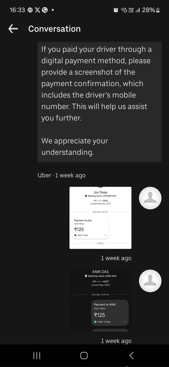 joy_dbong's tweet photo. @Uber_India 

Nowadays, Uber ride is more difficult to get a normal cab. First, they don't want normal booking, always asking for extra. Secondly, asking for direct payment to their UPI.
I hv paid 125.33 to driver, proof attached as asked by representative. Please clear my due. https://t.co/laoNHcyTOA