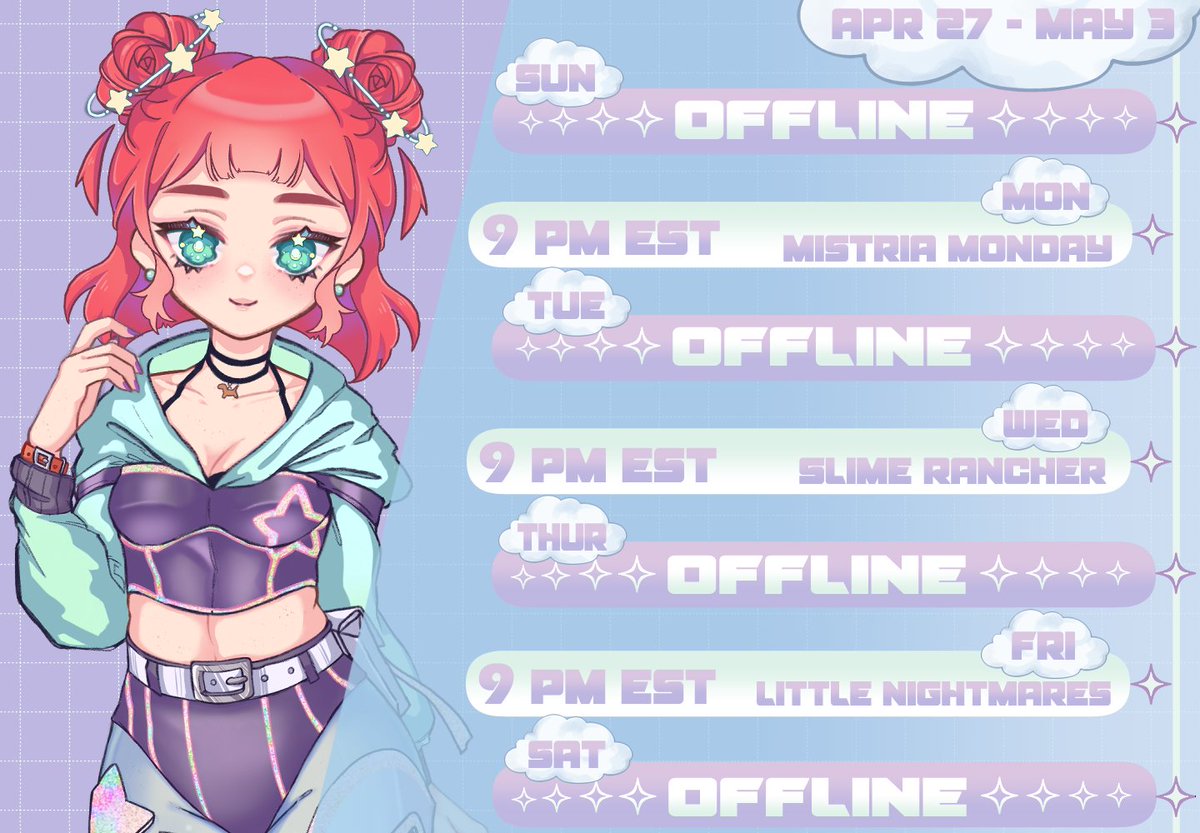BEEP BEEP BEEP NEW SCHEDULE!
Designed a schedule to post each week! This week I am going to try and play a few differnt games!

#twitchstreamer #fieldsofmistria #slimerancher #littlenightmares
