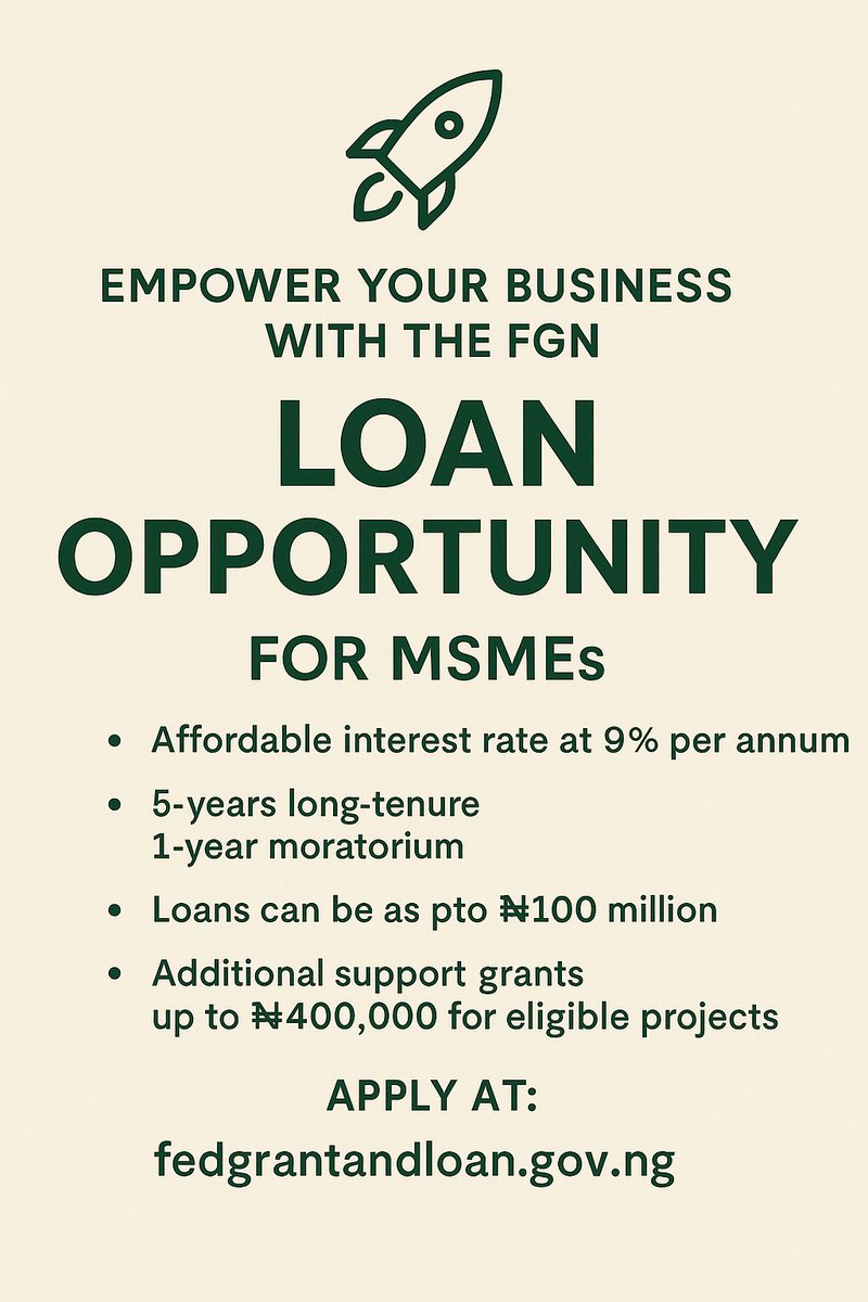geniushubglobal's tweet image. Ready to grow your business? 
Need funding to stock inventory or buy essential equipment?
With the FGN Loan, MSMEs in Nigeria can access:
✔️ Up to ₦100M
✔️ 9% annual interest
✔️ 5-year repayment tenure
✔️ 1-year moratorium
Apply now: fedgrantandloan.gov.ng
#FGNLoan #MSMEFunding