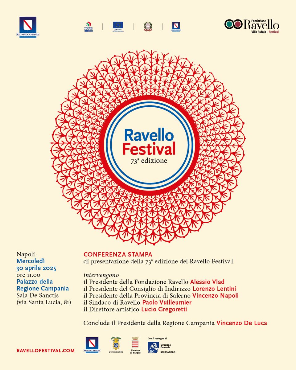𝗠𝗲𝗿𝗰𝗼𝗹𝗲𝗱𝗶̀ 𝗹𝗮 𝗽𝗿𝗲𝘀𝗲𝗻𝘁𝗮𝘇𝗶𝗼𝗻𝗲 𝗱𝗲𝗹 𝗰𝗮𝗿𝘁𝗲𝗹𝗹𝗼𝗻𝗲 𝗱𝗲𝗹 𝗥𝗮𝘃𝗲𝗹𝗹𝗼 𝗙𝗲𝘀𝘁𝗶𝘃𝗮𝗹 𝟮𝟬𝟮𝟱
La 73a ed. del Ravello Festival sarà presentato il 30 aprile a Napoli presso la Regione Campania – Sala De Sanctis in via Santa Lucia
#ravellofestival73