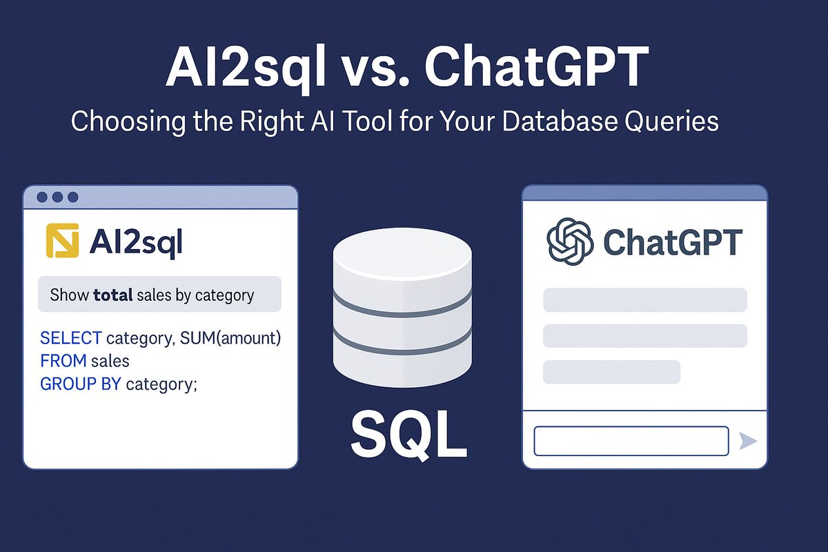 heyAI2sql's tweet image. 🤔ChatGPT can write SQL.
But if you need accurate queries, dialect-specific syntax, and direct database connections — you need a specialist.
🚀 See why AI2sql outperforms ChatGPT for real-world SQL generation.
👉 ai2sql.io/ai2sql-vs-chat…
#SQL #AI2sql #ChatGPT #DataOps…