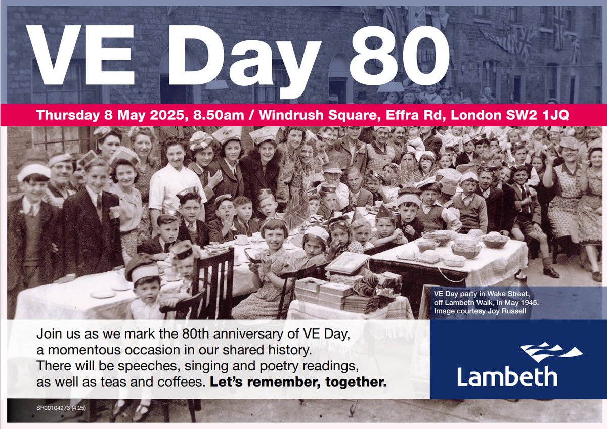 🌟 Join Us for a Special VE Day Commemoration in Windrush Square, Brixton 🌟

On the 80th anniversary of VE Day, we invite you to join us in Windrush Square, Brixton, for a heartfelt celebration of peace and victory. Starting at 8:50 AM, this event will feature inspiring music,