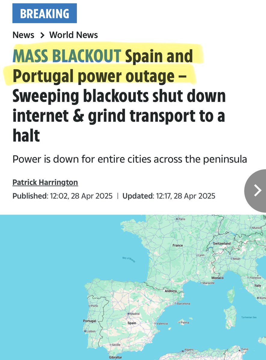 Artemisfornow's tweet photo. ENERGY - Major areas in Spain and Portugal are without electricity as the grid fails.

Every single part of digital life from shops, to traffic lights, hospitals, airports, phones, all down.

Humanity at a total standstill!

That’s how fragile centralised digital life is! https://t.co/rL0hXUL6Qa