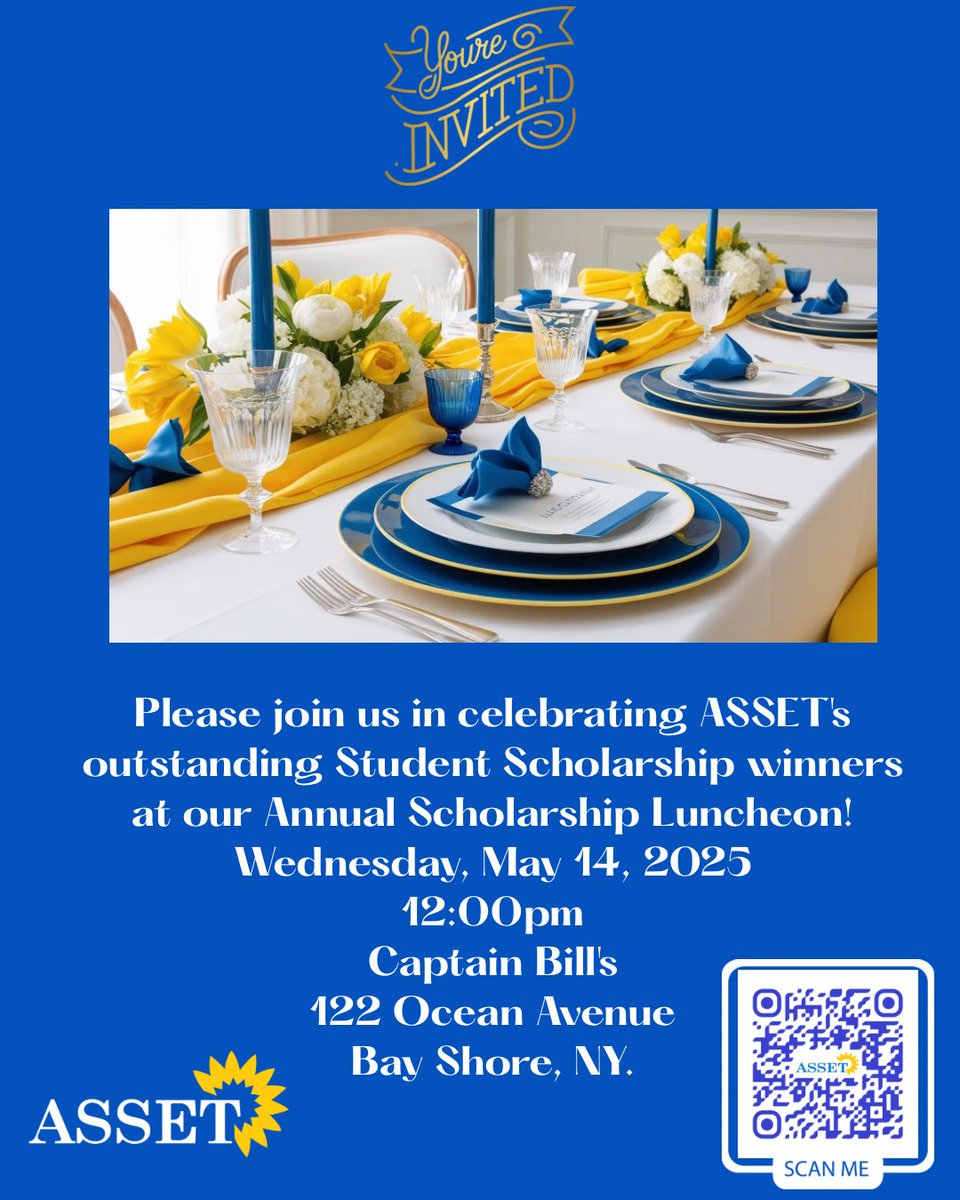 Please join us in celebrating ASSET's outstanding Student Scholarship winners at our Annual Scholarship Luncheon!  Register at the link below or scan the QR code!

assetny.org/civicrm/event/…