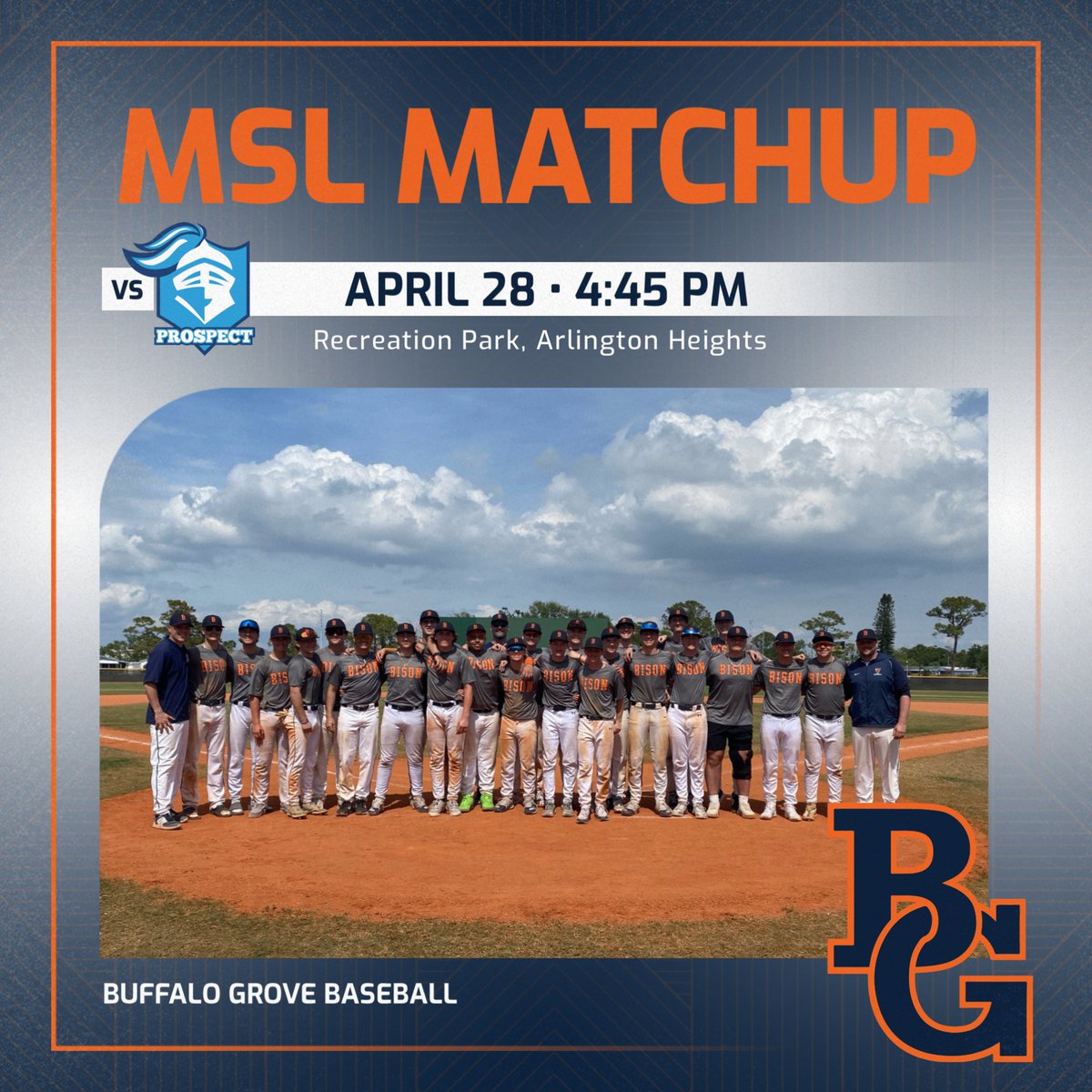 BG Baseball (@bgbaseball_1973) on Twitter photo MSL Conference Game
Buffalo Grove 6-13 (2-4)
vs.
Prospect 11-6 (3-2)
🏟️- Rec Park, AH
⏰- 4:45pm
☀️- 80
<a href="/BGBisonAd/">Buffalo Grove Athletics</a> MSL Conference Game
Buffalo Grove 6-13 (2-4)
vs.
Prospect 11-6 (3-2)
🏟️- Rec Park, AH
⏰- 4:45pm
☀️- 80
<a href="/BGBisonAd/">Buffalo Grove Athletics</a>