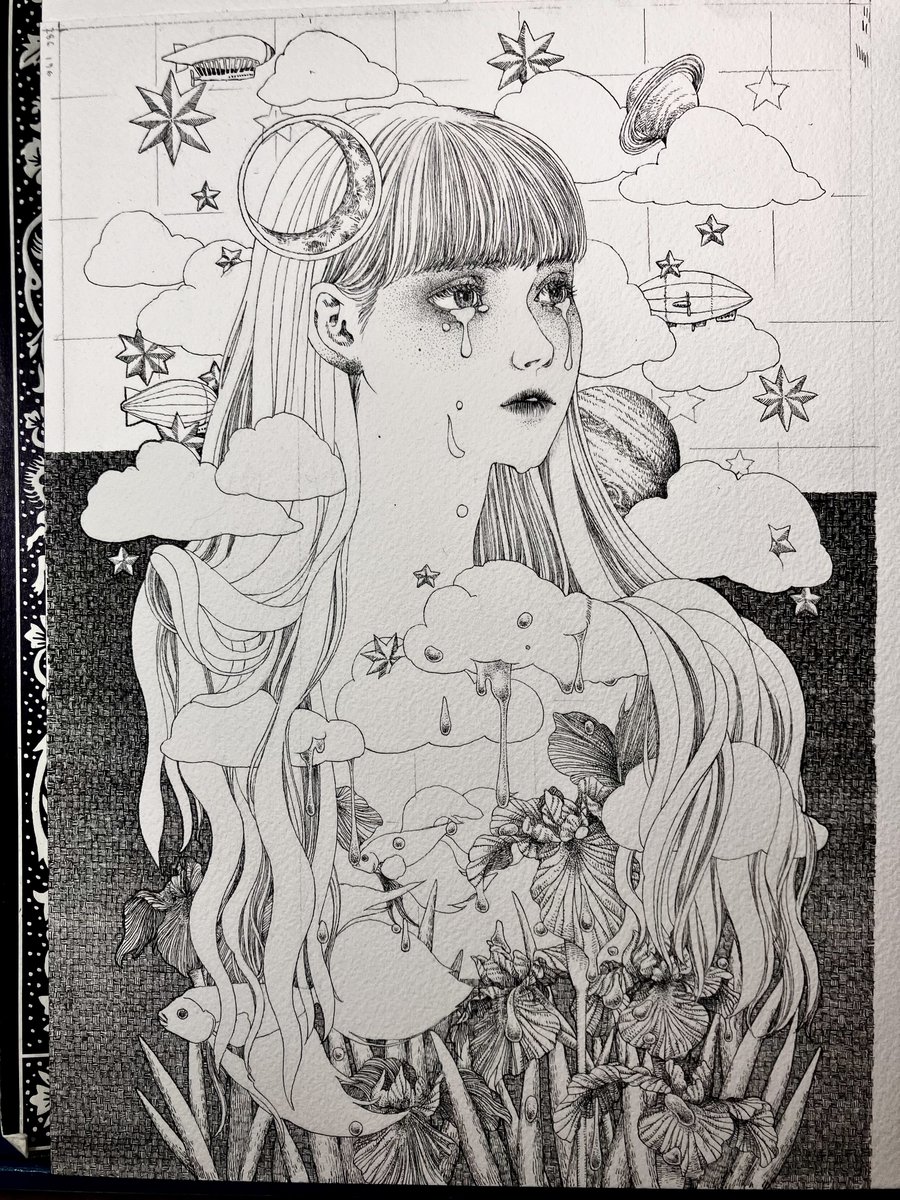 途中経過と完成の絵の画像を発掘した。
これは雨女の絵です。 