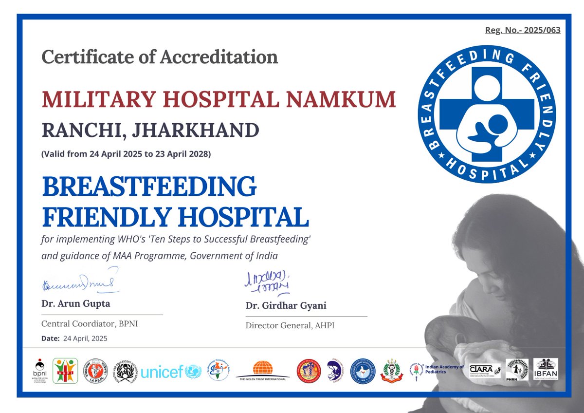 BPNI (@bpniindia) on Twitter photo We are happy to announce that Military Hospital Jhansi, Uttar Pradesh and Military Hospital Namkum, Ranchi, Jharkhand have been accreditated as 'Breastfeeding Friendly' Hospitals by the National Accreditation Centre.
<a href="/dgafms_mod/">DGAFMS-MoD</a>
<a href="/UNICEFIndia/">UNICEF India</a>
<a href="/WHO/">World Health Organization (WHO)</a>
<a href="/ahpi_india/">Association of Healthcare Providers (India) - AHPI</a>
<a href="/IAPSM_India/">Indian Association of Preventive & Social Medicine</a> We are happy to announce that Military Hospital Jhansi, Uttar Pradesh and Military Hospital Namkum, Ranchi, Jharkhand have been accreditated as 'Breastfeeding Friendly' Hospitals by the National Accreditation Centre.
<a href="/dgafms_mod/">DGAFMS-MoD</a>
<a href="/UNICEFIndia/">UNICEF India</a>
<a href="/WHO/">World Health Organization (WHO)</a>
<a href="/ahpi_india/">Association of Healthcare Providers (India) - AHPI</a>
<a href="/IAPSM_India/">Indian Association of Preventive & Social Medicine</a>