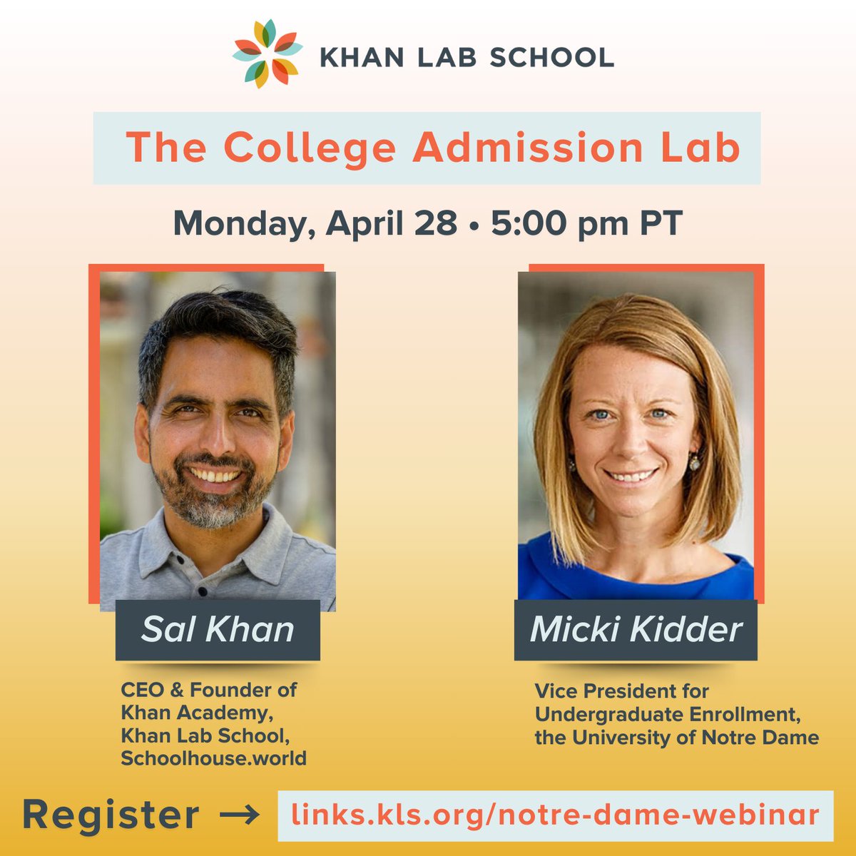 MindfulAdmission (@barnardbrennan) on Twitter photo Join me, <a href="/salkhanacademy/">Salman Khan</a>, and Micki Kidder (Notre Dame) this evening at 5:00 pm PT / 8:00 pm ET for a conversation and Q&A about everything college admission!
Register here: links.kls.org/notre-dame-web… Join me, <a href="/salkhanacademy/">Salman Khan</a>, and Micki Kidder (Notre Dame) this evening at 5:00 pm PT / 8:00 pm ET for a conversation and Q&A about everything college admission!
Register here: links.kls.org/notre-dame-web…
