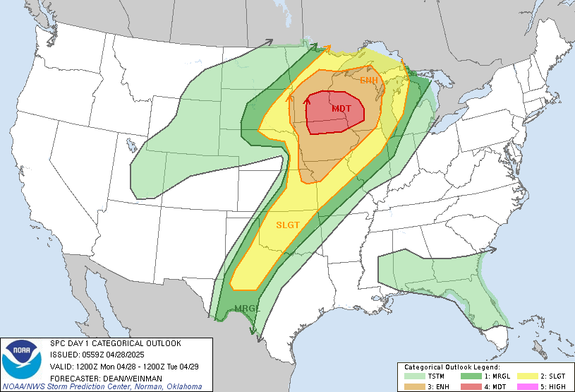 My GFS based severe thunderstorm algo is still showing some 70% hatchings where SPC has their moderate outlook. I'm interested to see if SPC expands this Moderate Risk hatching today