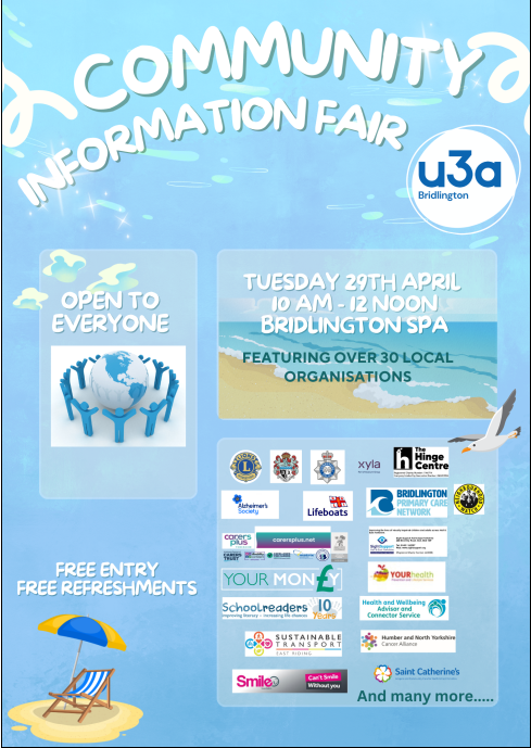 Don't miss your opportunity to attend the Bridlington  U3A Community Information Fair TOMORROW at the Bridlington Spa. 

Free entry and free refreshments too!