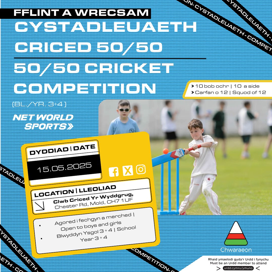Cystadlaethau sydd i ddod | Upcoming Competitions
🏏Criced Blwyddyn 3-4  | Year 3-4 Cricket🏏
🏃Athletau Blwyddyn 3-6 | Year 3-6 Athletics🏃
Cofrestrwch Nawr | Register now -shorturl.at/lXgg2