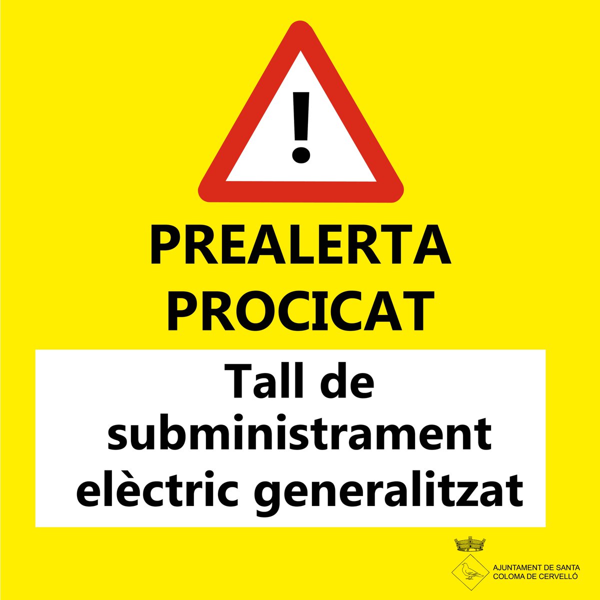 ⚠️<a href="/emergenciescat/">Protecció civil</a> ha declarat la Prealerta PROCICAT per tall de subministrament elèctric generalitzat. ENDESA confirma l'afectació i informa que la incidència és a nivell estatal.
📌<a href="/112/">112</a> està rebent moltes trucades demanant informació. Truqueu només en cas d'emergència.