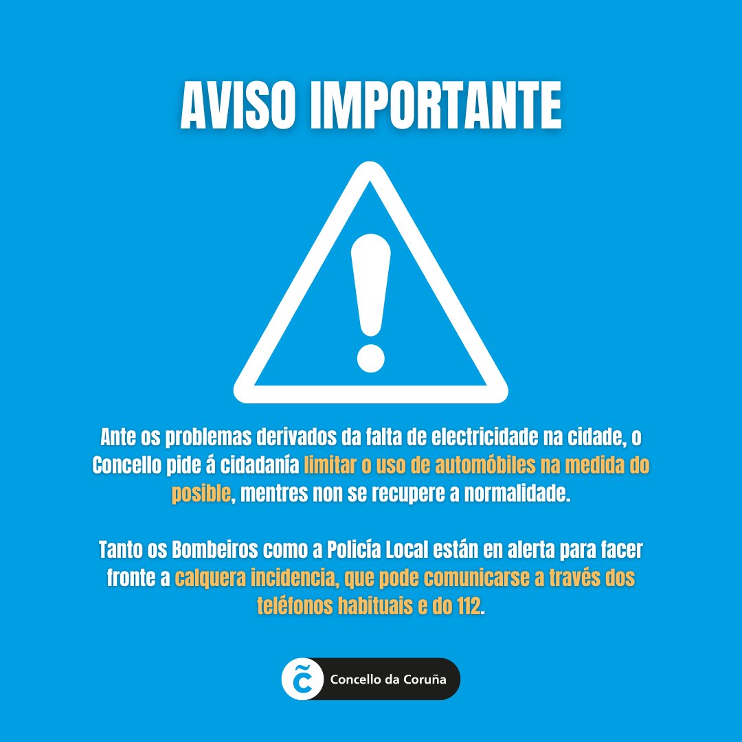 AVISO | O Concello prega manter a tranquilidade ante os problemas derivados da falta de electricidade na cidade.

O fume que procede da refinería non responde a incendios, senón a procesos de seguridade que se activan na instalación cando hai cortes no subministro eléctrico.