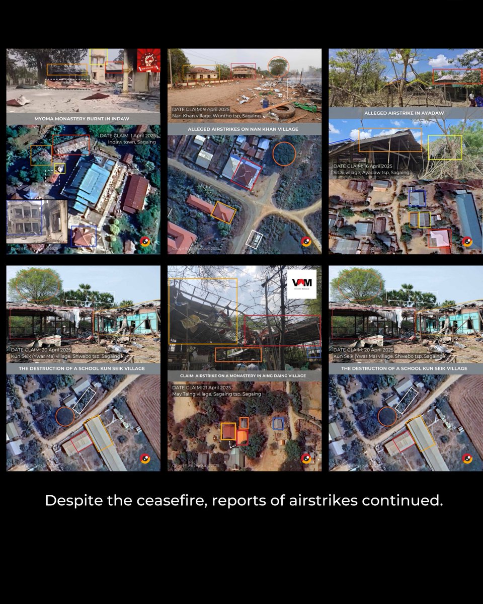In the four weeks following the earthquake, <a href="/MyanmarWitness/">Myanmar Witness</a> documented 80 air attack incidents across the 12 different states and regions of Myanmar.

Most of these incidents involved claims of airstrikes, which only the Myanmar Air Force has the capacity to carry out.