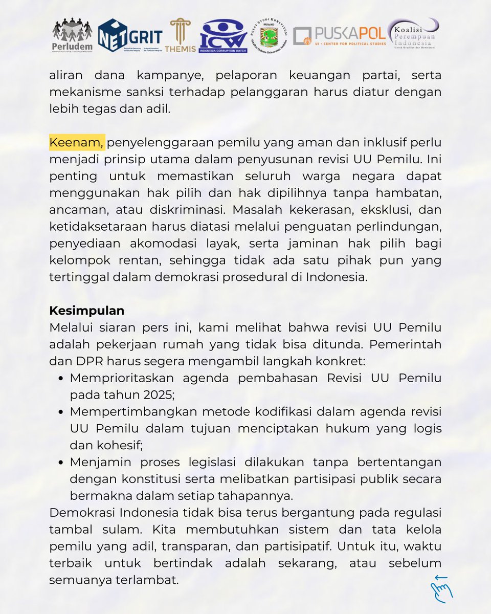 perludem's tweet image. Karenanya, penting untuk mendesak revisi UU Pemilu untuk diselesaikan paling lambat tahun 2025 agar menyisakan waktu yang cukup dalam hal penyesuaian sebagai dasar hukum pelaksanaan Pemilu 2029.

#perludem #icw #netgrit #kpi #puskapolui #pusako #themisindonesia