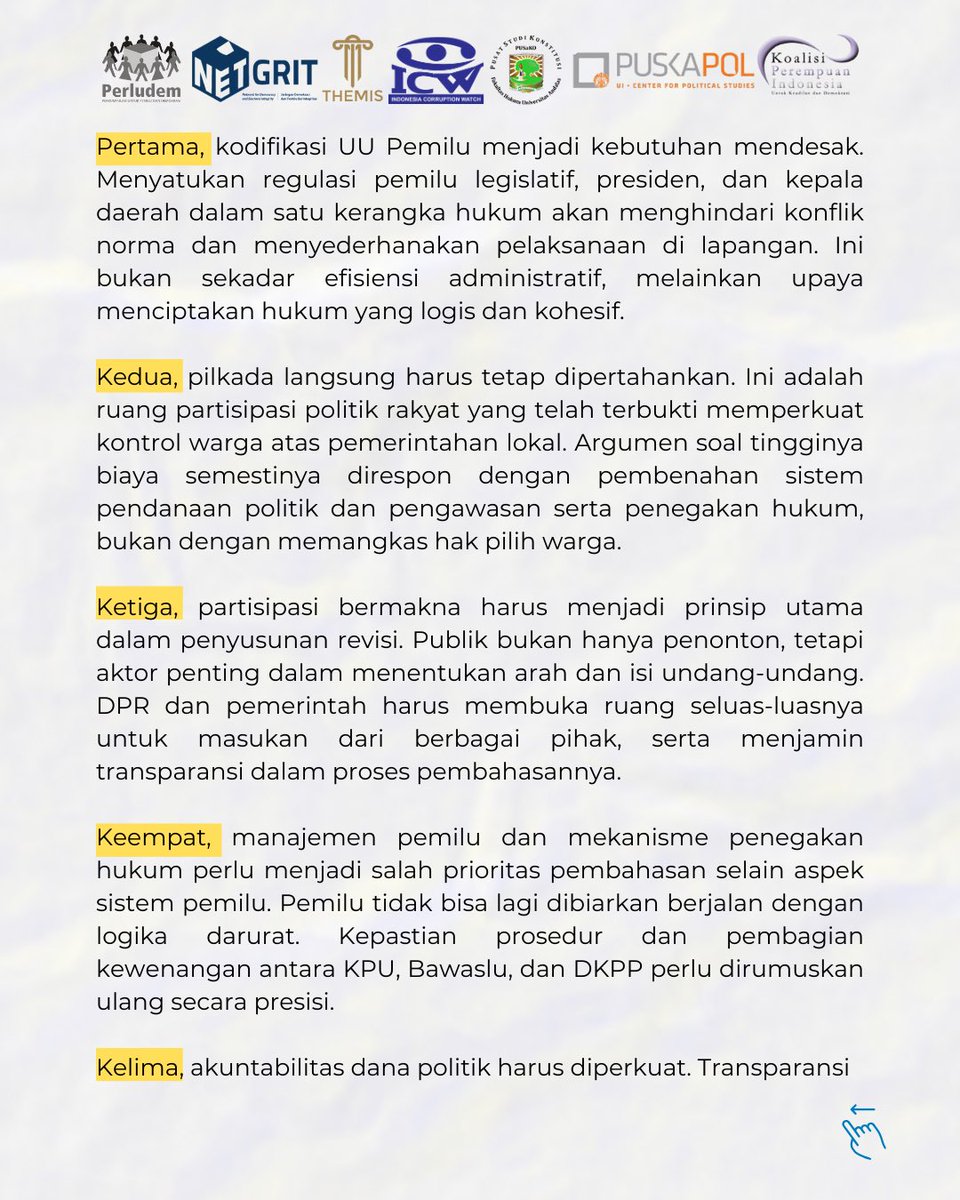 perludem's tweet image. Karenanya, penting untuk mendesak revisi UU Pemilu untuk diselesaikan paling lambat tahun 2025 agar menyisakan waktu yang cukup dalam hal penyesuaian sebagai dasar hukum pelaksanaan Pemilu 2029.

#perludem #icw #netgrit #kpi #puskapolui #pusako #themisindonesia