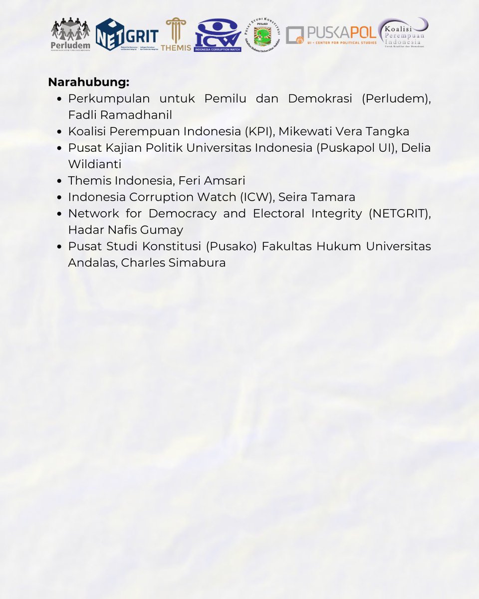 perludem's tweet image. Karenanya, penting untuk mendesak revisi UU Pemilu untuk diselesaikan paling lambat tahun 2025 agar menyisakan waktu yang cukup dalam hal penyesuaian sebagai dasar hukum pelaksanaan Pemilu 2029.

#perludem #icw #netgrit #kpi #puskapolui #pusako #themisindonesia