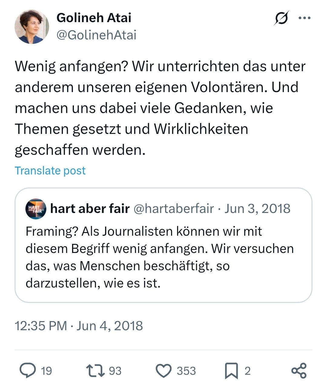 Laut Golineh Atai werden unter anderem Volontäre in Framing unterrichtet. Dabei machen sich die Jour...