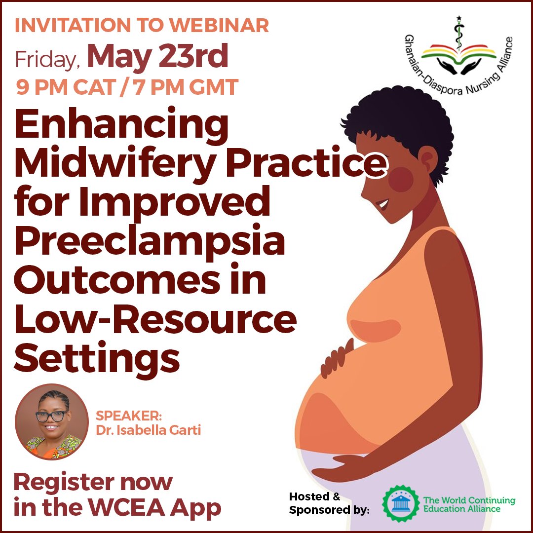 WCEA (World Continuing Education Alliance) (@worldcealliance) on Twitter photo π’ Webinar Alert! 23rd of May 7pm GMT π©βπ»
Join the WCEA and <a href="/GDNAnursing/">Ghanaian-Diaspora Nursing Alliance (G-DNA)</a> for a webinar on Enhancing Midwifery Practice for Improved Preeclampsia Outcomes in Low-Resource Settings πwcea.education/portfolio-itemβ¦
Guest Speaker: Dr. Isabella Garti
CPD Points: 1
#education #healthcare π’ Webinar Alert! 23rd of May 7pm GMT π©βπ»
Join the WCEA and <a href="/GDNAnursing/">Ghanaian-Diaspora Nursing Alliance (G-DNA)</a> for a webinar on Enhancing Midwifery Practice for Improved Preeclampsia Outcomes in Low-Resource Settings πwcea.education/portfolio-itemβ¦
Guest Speaker: Dr. Isabella Garti
CPD Points: 1
#education #healthcare