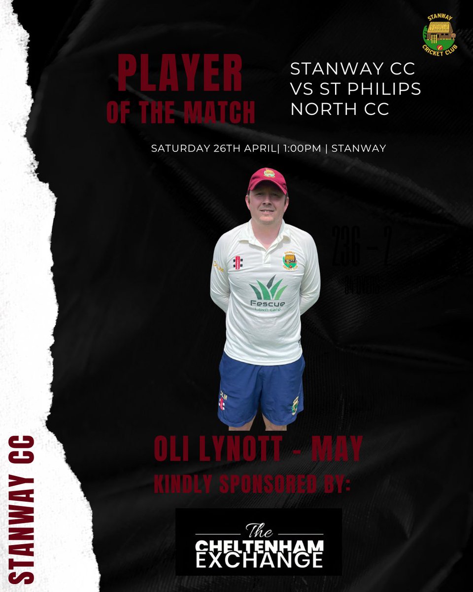 MOM 🏏🏏

We ran out successful victors in our first game of the season.

This was largely due to the contribution of Oli Lynott May. His 37* and 3fer got us out of a spot of bother. 

Oli is kindly sponsored by <a href="/Cheltenham_Ex/">The Cheltenham Exchange</a> whom we thank for their support 👏

#uptheway
