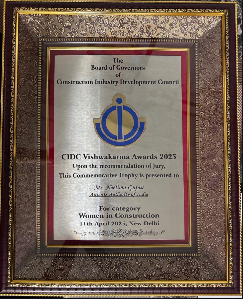 Airports Authority of India (#AAI) is delighted to announce that Ms. Neelima Gupta, Senior Manager (Engg.-E), has been honoured with the prestigious "Achievement Award for Women in Construction" at the 16th CIDC Vishwakarma Awards 2025!

This recognition highlights her