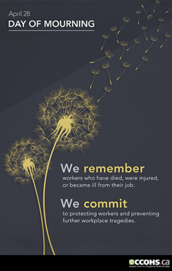 Today is National Day of Mourning
Marked annually in Canada on April 28, the National Day of Mourning is dedicated to remembering those who have lost their lives, suffered injury or illness on the job, or experienced a work-related tragedy