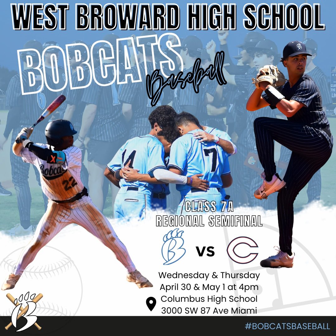 Your Bobcats are ready for Regional Semifinals. Please come out and support the boys this Wednesday and Thursday at Columbus. Let’s pack the stands! <a href="/Mr_P_WB/">Mr. P</a> <a href="/WestBrowardHigh/">West Broward High</a> <a href="/DavidRosenbergg/">David Rosenberg</a> <a href="/JoeFrisaro/">Joe Frisaro</a> #bobcatsbaseball #spring2025 #playoffs