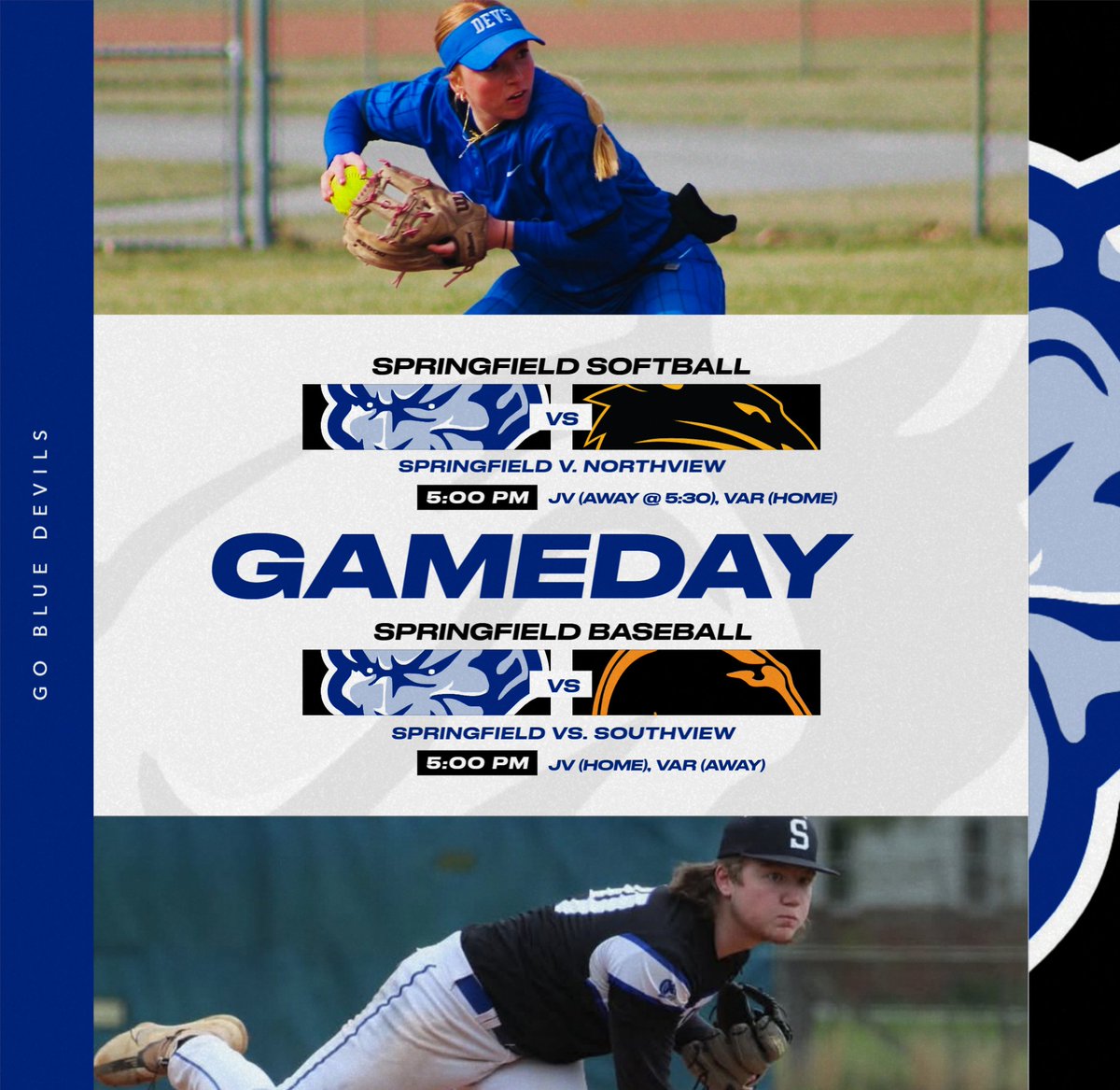 Springfield takes on Sylvania to start the week. Go Blue Devils! 

🥎 v. Northview. JV (A - 5:30), VAR (H- 5:00)
🎟️ JV: sylvania.k12.oh.us/NVPurchasetick…

⚾ v. Southview. JV (H- 5:00), VAR (A-5:00)
🎟️ VARSITY: sylvania.k12.oh.us/SVPurchaseTick…

🎟️ HOME TICKETS: events.hometownticketing.com/boxoffice/spri…